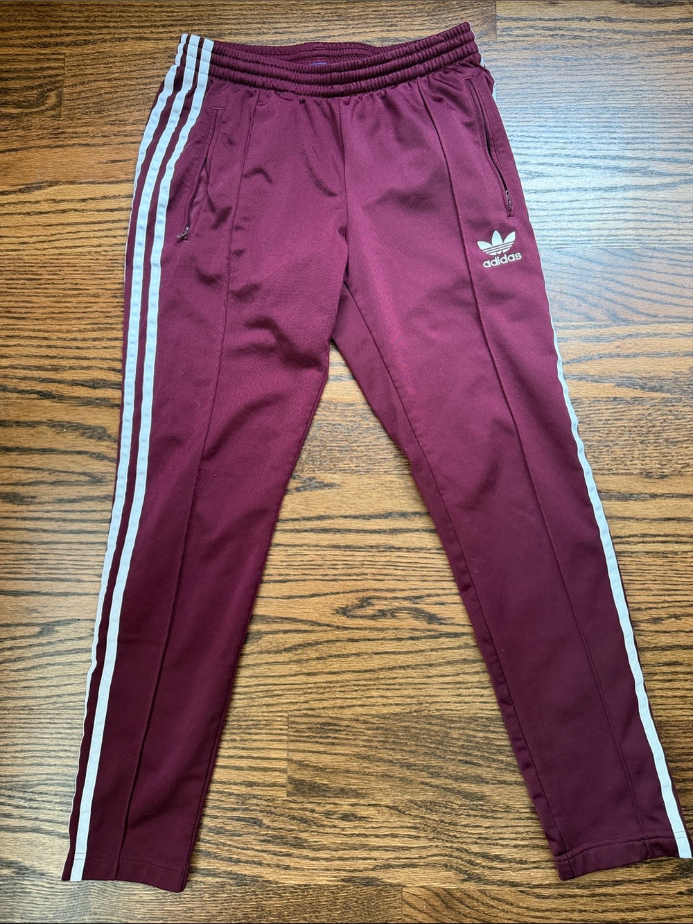 adidas Burgundy Track Joggers with White Side Stripes